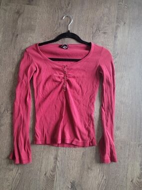 Moda International Red Long Sleeve Scoop Neck Henley Top
